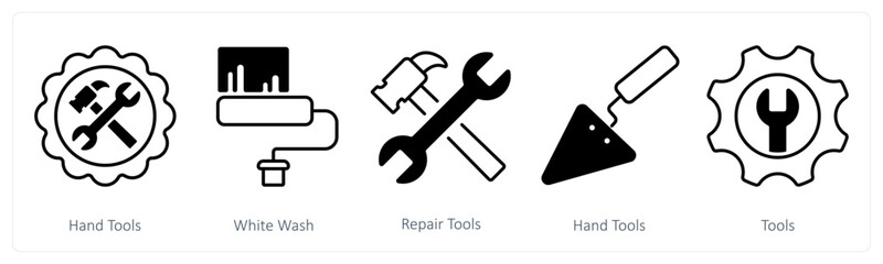 A set of 5 mix icons as hand tools, white wash, repair tools