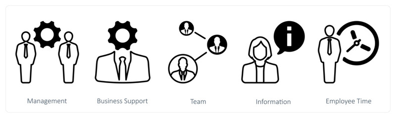 A set of 5 mix icons as management, buisness support, team