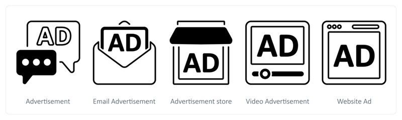 A set of 5 mix icons as advertisement, email advertisement, advertisement store
