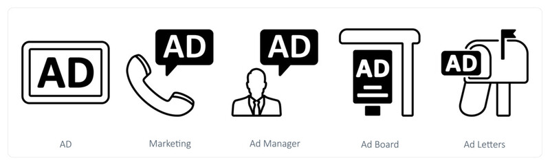 A set of 5 mix icons as ad, marketing, ad manager, ad board