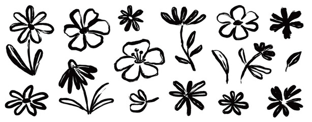 Flower brush paint stroke set. Hand drawn floral flower, leaf graffiti elements in brush paint silhouette set. Vector black ink stroke doodle floral texture sketch spring pattern. Vector illustration