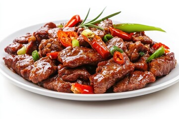 Delicious beef stir fry recipe with chili peppers on plate, food photography and culinary arts use cases