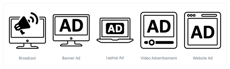 A set of 5 mix icons as broadcast, baner ad, laptop ad