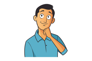 Fototapeta premium Cartoon man with a thoughtful expression resting his chin on his hand wearing a blue collared shirt isolated on a white background