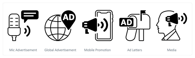 A set of 5 mix icons as mic advertisement, global advertisement, mobile promotion