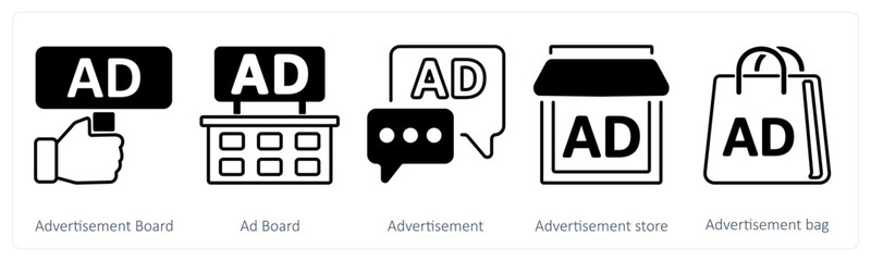 A set of 5 mix icons as advertisement board, ad board, advertisement
