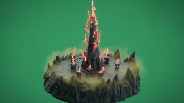 Dark Tower on Volcanic Island Isolated by Green Screen Crackling with Red Energy