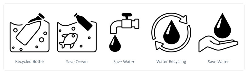 A set of 5 mix icons as recycle bottle, save ocean, save water