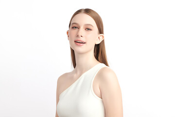 A beautiful young woman with clean, fresh skin against a white background. Skincare, facial...
