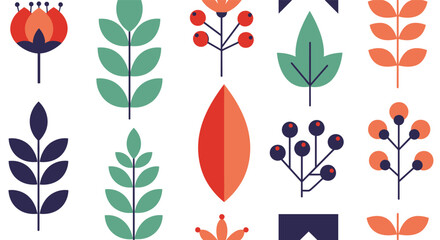 A Vibrant Scandinavian Inspired Floral and Botanical Pattern Featuring Stylized Leaves Berries and Flowers in a Folk Art Design