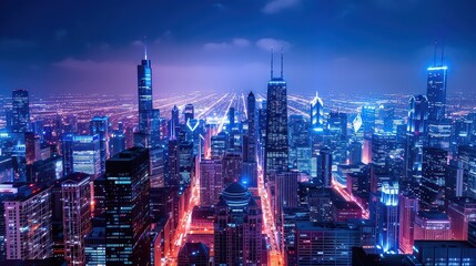 Obraz premium Aerial view of a cityscape at night with illuminated skyscrapers and city lights under a cloudy sky