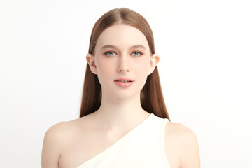 A beautiful young woman with clean, fresh skin against a white background. Skincare, facial...