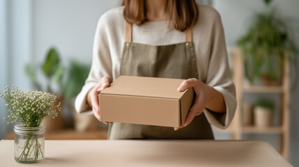 Small business owner presenting natural product delivery in minimalist workspace