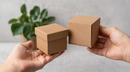 Sustainable business packaging concept with eco friendly kraft boxes in hands