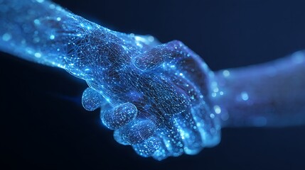 Digital handshake two hands connecting with glowing network lines on a dark background