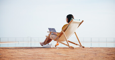 Space, relax or woman with laptop in hotel for freelance, online review or tourism blog as guest....