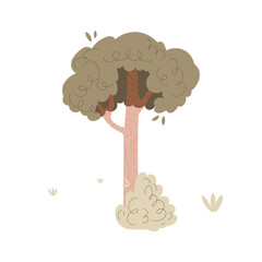 Earthy Tree Illustration: A whimsical tree illustration, featuring a sturdy trunk and a lush, textured crown, stands peacefully amid minimalist grassy elements.
