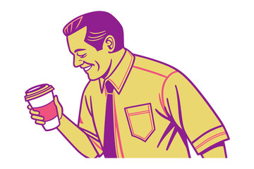 Smiling businessman in a yellow shirt and purple tie holding a coffee cup with a pink sleeve against a white background