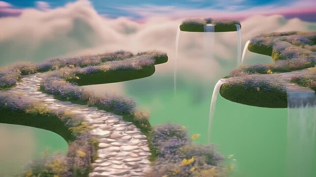 Enchanting 3D Garden Path with Waterfalls and Flowers Floating in Dreamy Clouds a Serene Whimsical Landscape High Angle Perspective Rendering for Visual Effects