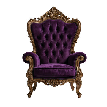 Elegant purple velvet throne chair with gold ornate carvings displayed against a dark background.