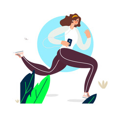 Running Woman with Headphones and Phone: A vibrant illustration of a woman jogging outdoors, energized and focused, with headphones and phone in hand, against a backdrop of stylized greenery.
