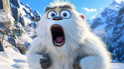 Animated yeti displaying shock in snow-covered mountains