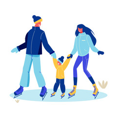 Obraz premium Winter Wonderland: A family sharing a cheerful moment, gliding across the icy surface. Capturing the essence of familial warmth amidst a winter scene, a father, mother, and child enjoy the crisp air.