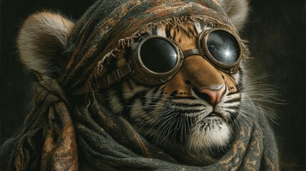 Tiger cub wearing sunglasses and headscarf, full body portrait on black background, high resolution digital art with detailed fur texture