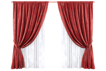 Red velvet curtains with white sheer lining.