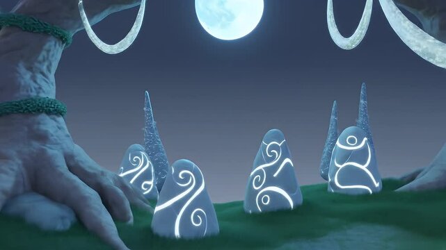 Enchanting Voxel Landscape with Illuminated Stone Monuments and Moonlit Trees Animation