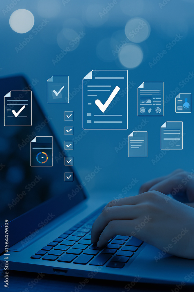 Aufkleber hands typing on a laptop with digital documents and checkmarks