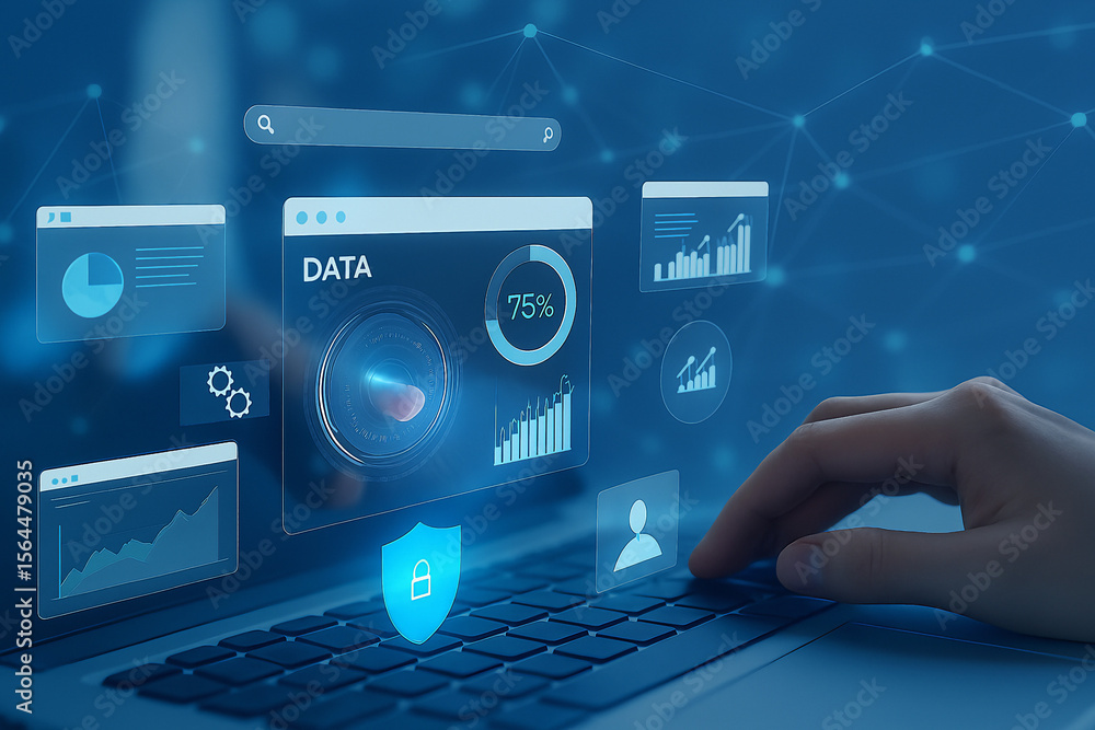 Poster a hand hovers over a laptop displaying digital data and graphs