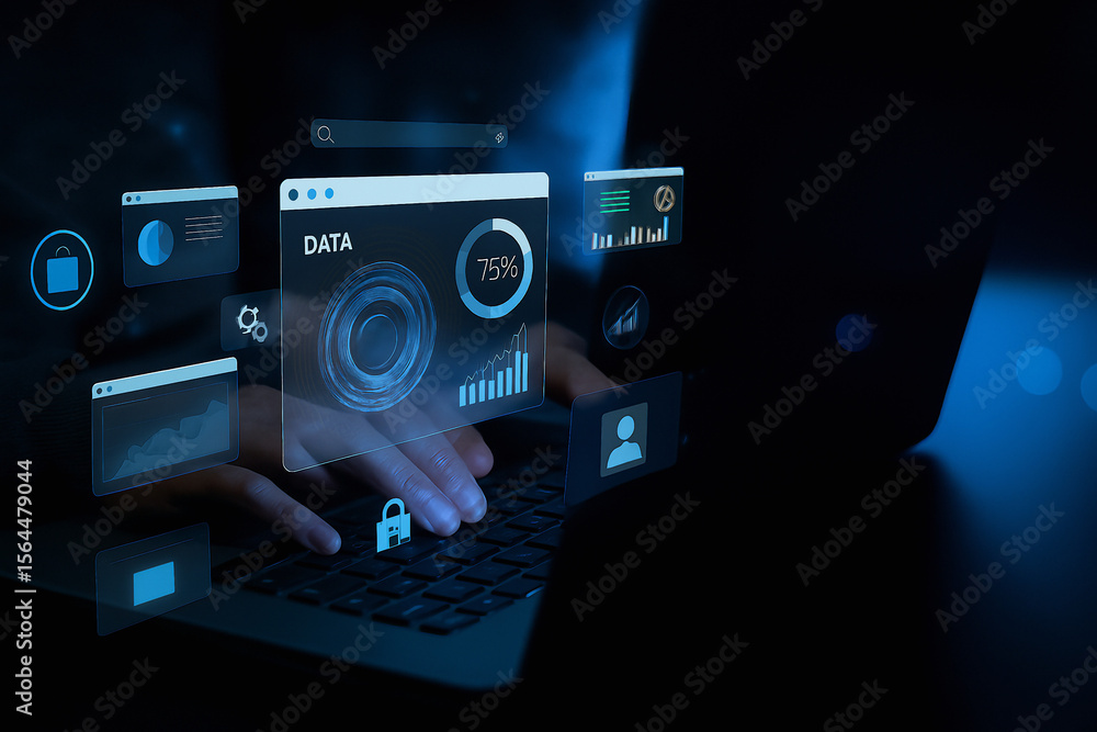 Poster hands typing on a laptop with digital data and graphs displayed