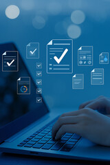 Hands typing on a laptop with digital documents and checkmarks