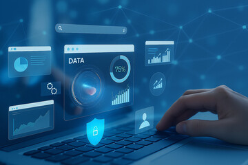 A hand hovers over a laptop displaying digital data and graphs