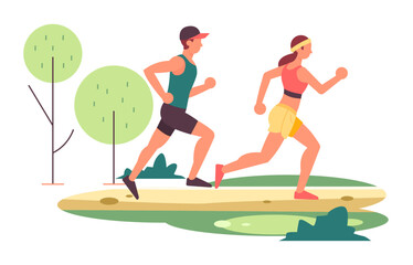 Morning Run: A vibrant illustration captures a duo in a rhythmic run, immersed in the active life of exercise, representing wellness and vitality against a backdrop of simple trees.