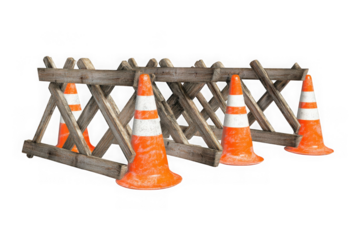 Traffic cones and wooden barrier construction safety signage roadwork hazard warning equipment orange and white isolated on transparent background