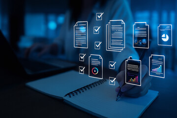 A woman is writing in a notebook with glowing digital documents and checkmarks floating above, symbolizing task management