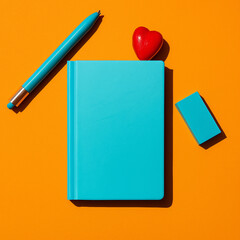 A blue notebook with a red heart on top, a blue pen, and an eraser on an orange background