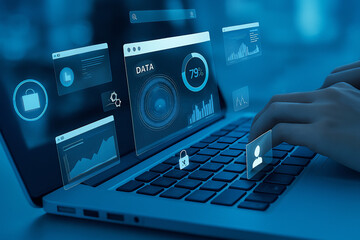 Hands typing on a laptop with data visualizations appearing on the screen