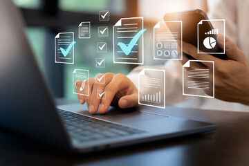 Person working on a laptop with digital checklists and documents floating above