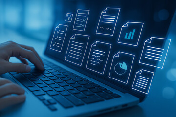 Person working on laptop with digital documents