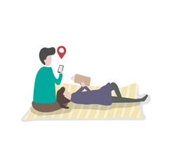 Picnic Leisure and Navigation: Two figures enjoying a picnic, one immersed in a book while the other navigates with a phone, depicting leisure and modern convenience.