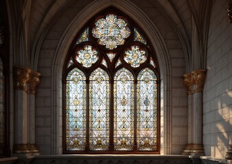 Fototapeta premium Architectural stained glass window showcasing intricate details and a symphony of colors and light