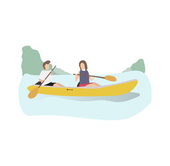 Kayaking Couple: A romantic couple enjoys a leisurely kayaking trip on calm water, surrounded by serene nature.
