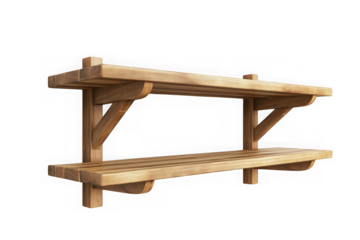 Wooden two tier shelf rack storage organizer furniture home decor interior design element photography render isolated on transparent background