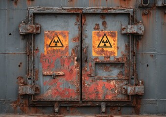 Decaying metal doors with radiation warning signs illustrating a potentially hazardous environment