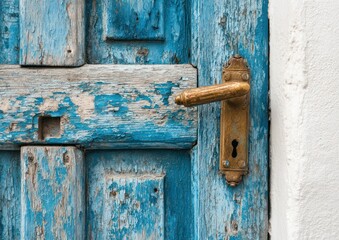 Close-up of weathered blue wooden door with antique handle, showcasing texture and detail