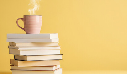 stack of books and cup of coffee