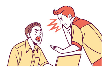 Two men in a heated argument near a laptop one shouting aggressively while the other gestures defensively symbolizing workplace conflict and stress